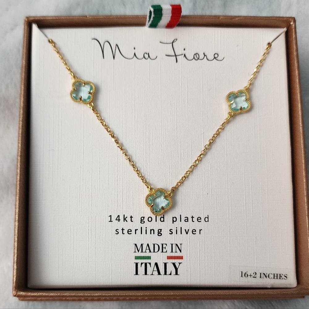 14k Gold-Plated Silver Fixed Pendant Blue Crystal Clover Accent Necklace 16"+2